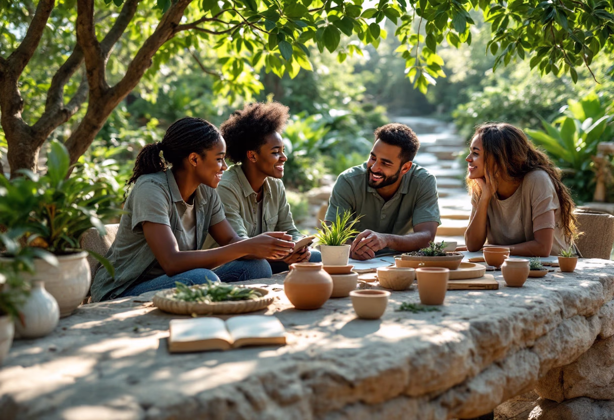 Group of friends sharing a meal and laughing, highlighting community connection.